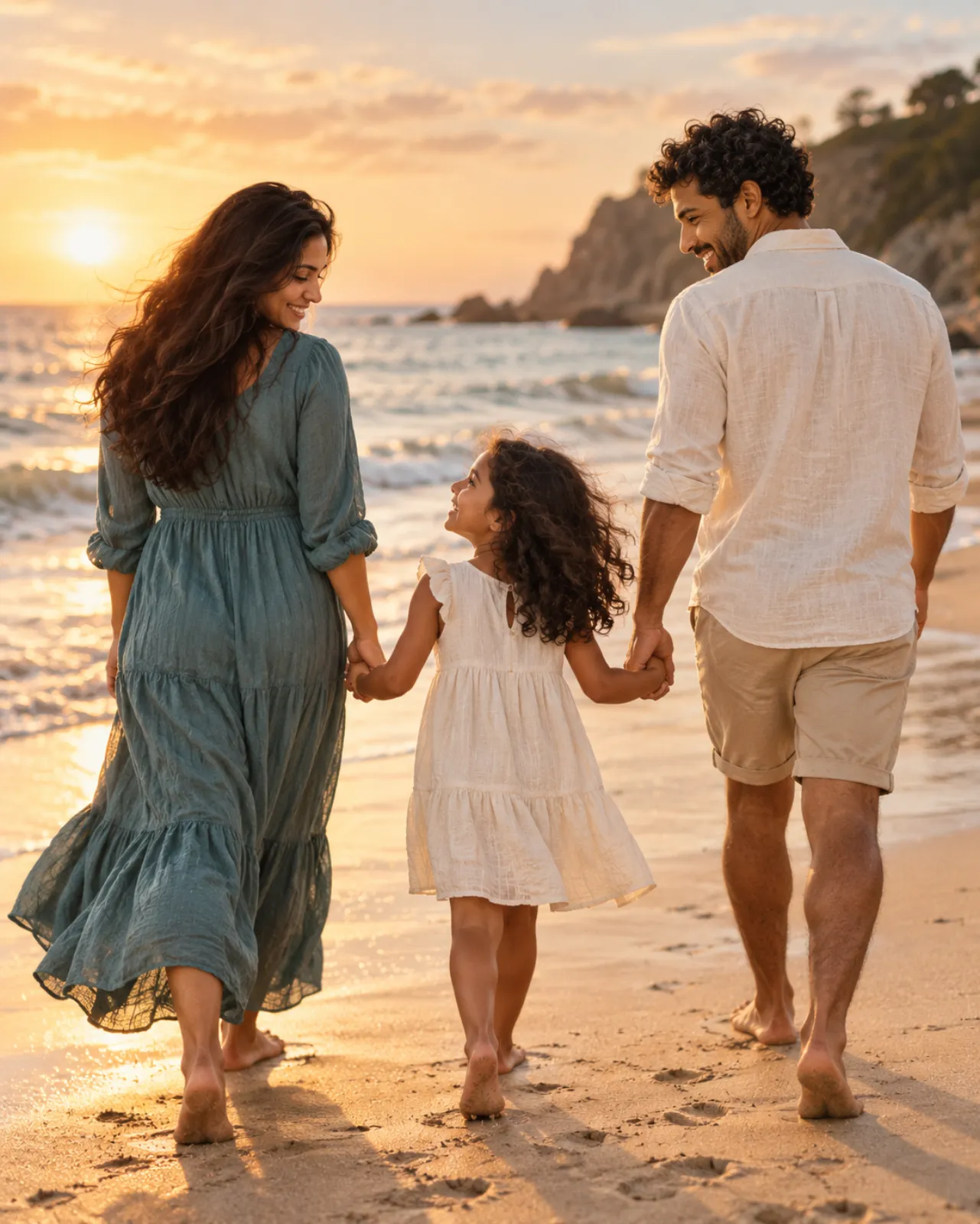 A family walking hand in hand on the beach at sunset